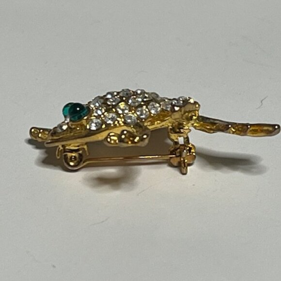 Clear Green Rhinestones Gold Tone Leaping Frog Brooch Pin 1.25" - Picture 10 of 14